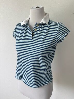 Women’s Vintage Blue and Green Stripe Collared Polo Top
